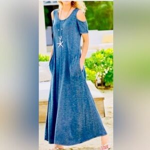 Soft Surroundings | Blue Heathered Cold Shoulder Electra Maxi T Shirt Dress | M